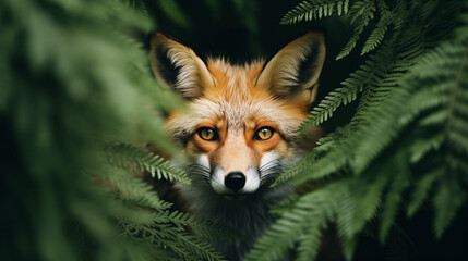 Obraz premium Captivating wildlife scene: wild red fox spotted among fern leaves in a dense forest