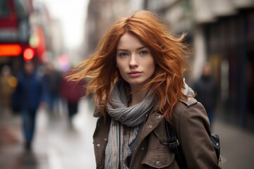 Fototapeta premium A woman with red hair and a scarf is walking down a street