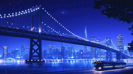 Obraz premium Nighttime Cityscape with Glowing Bridge and Skyline in Vibrant Blues