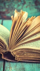 An open book on a blue wooden table.