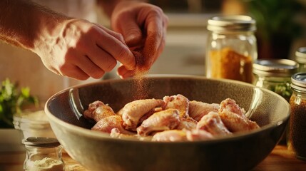 Hands coating chicken wings with spices in large bowl, seasoning jars in background, cozy kitchen generative ai