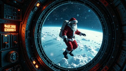 Santa Claus, dressed in his classic red suit, hovers outside the spaceship. The Earth shines brightly in the background. Delivering to the most inaccessible places.