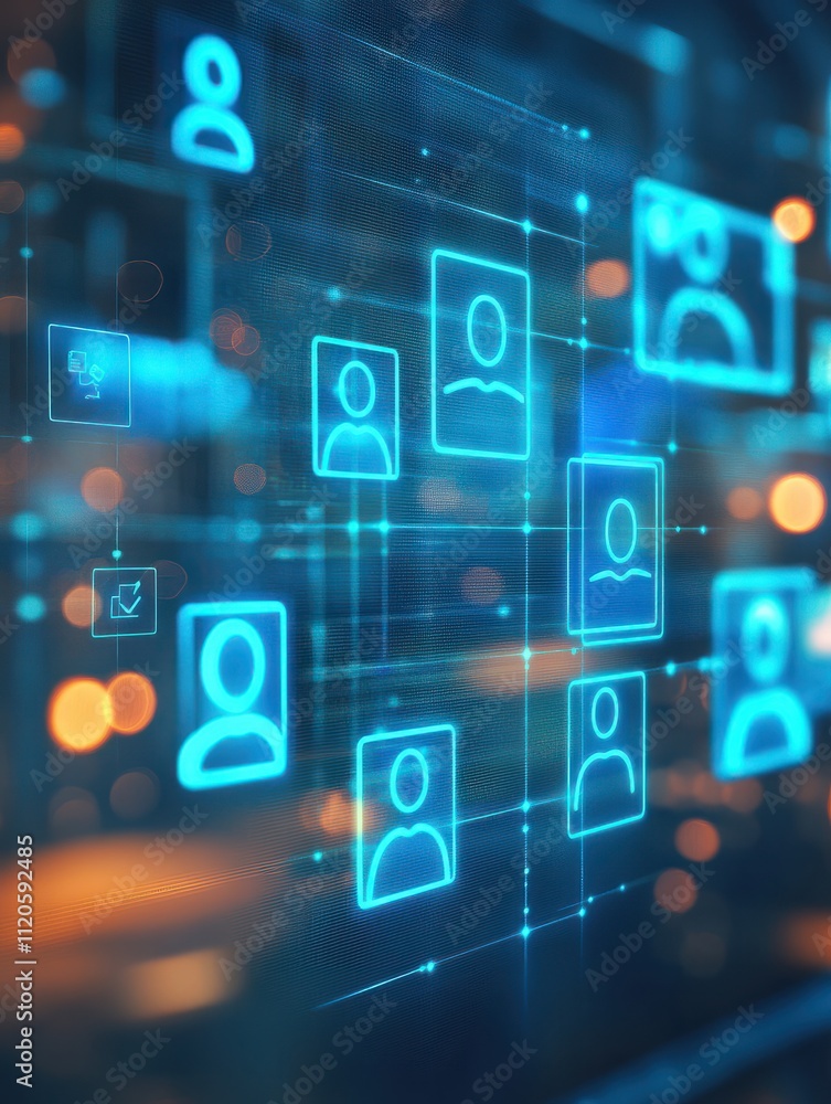 Poster creative glowing blue business interface on blurry background with empty mock up place. human resour