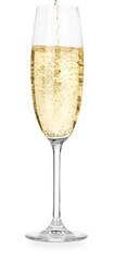 Pouring champagne into glass isolated on white