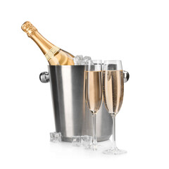 Champagne and bucket with ice isolated on white