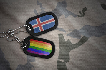 army blank, dog tag with rainbow gay pride flag and iceland on the khaki texture background....