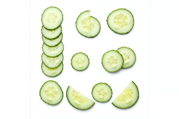 Multiple slices and pieces of cucumber arranged in various patterns against a white background.