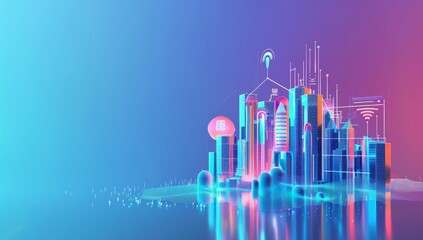 Fototapeta premium Digital cityscape with network nodes symbolizes smart city connectivity.