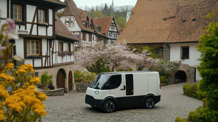 Obraz premium Electric Van on Cobblestone Street in Picturesque European Village