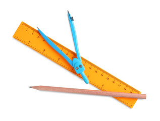 Ruler, pencil and compass isolated on white, top view