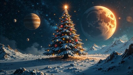 Naklejka premium A Christmas tree with a bright star on top against the backdrop of space, decorated with numerous warm yellow lights. Several planets are visible in the starry night sky.