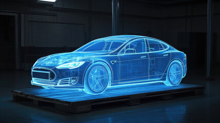 Futuristic Electric Car Hologram Concept in a Dark Studio Setting