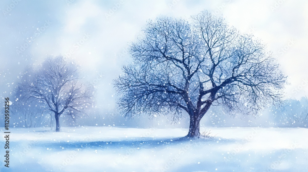 Poster two bare trees in a snowy field under a hazy winter sky.