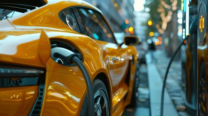 Obraz premium Electric car charging, symbolizing sustainable transport and renewable energy integration.