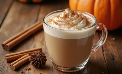 Rustic scene of a pumpkin spice latte with whipped cream and cinnamon