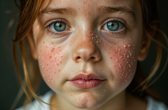 A close-up portrait of a girl's face, aged 6-9. The face shows a significant number of red spots, concentrated around the cheeks and nose.