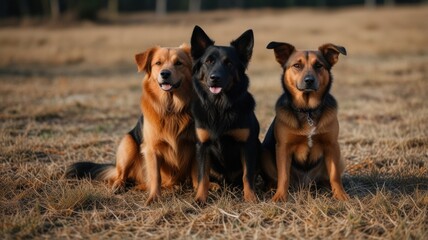 Obraz premium Three dogs sitting together outdoors in a field.