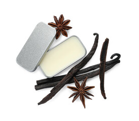 Natural solid perfume, vanilla pods and anise stars isolated on white, top view
