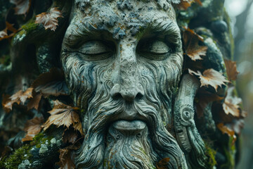 Fototapeta premium ancient wooden pagan idol, face with beard and mustache,. 