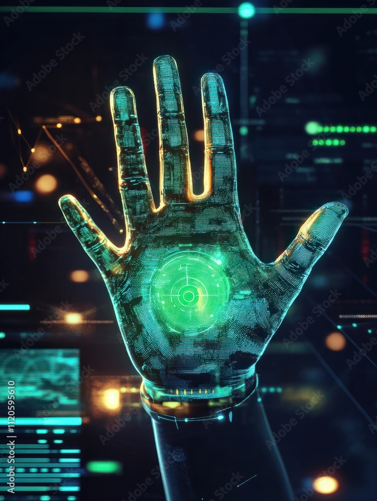 Poster hand scanner successfully checking user biometrics granting application access. digital high-tech pr