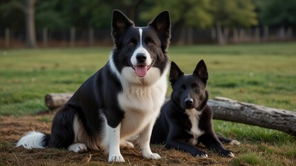 Naklejka premium Two black and white dogs sitting in a field.