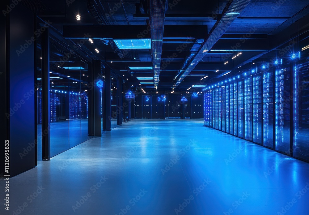 Poster modern data center with glowing server racks.