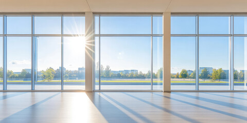 Fototapeta premium Frameless panoramic windows in a modern business building, large floor-to-ceiling glass 