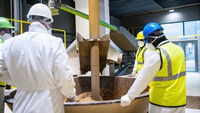 Workers in protective gear working with a giant industrial mixer blending natural ingredients to create a sustainable biopolymer for packaging.