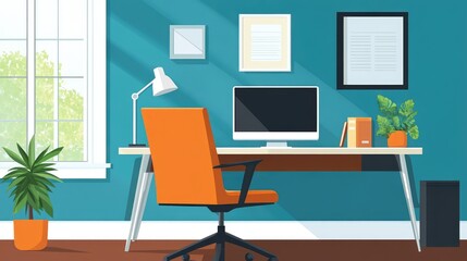 Sunlit home office with desk, chair, computer, and plants.