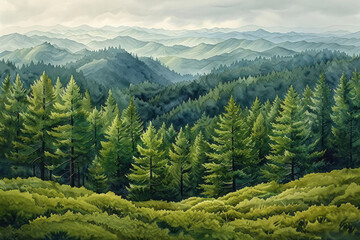 Fototapeta premium a grassy hilly thick dense pine forest with Sword ferns, watercolor style,. 