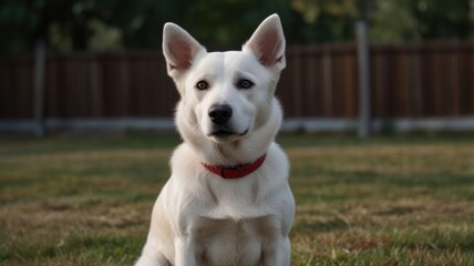 White dog sitting in grass, looking at camera.
