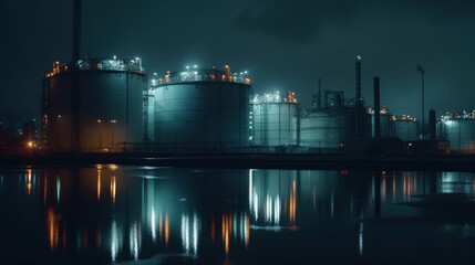 Obraz premium huge oil refinery tank at night, ominous, detailed, dark, dim lighting, glowy, sinister 