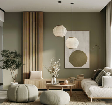 a white living room in japandi style with olive green    Generative AI