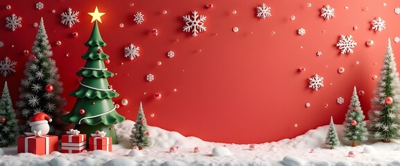 Background for the New Year banner, green decorated Christmas trees and red gift boxes on the snow, red background
