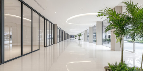 Interior of an empty shopping center in a modern style. Glass and plants, trendy mall design