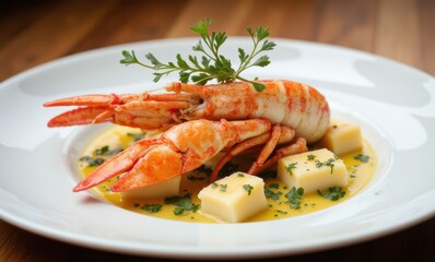 Gourmet seafood dish with lobster.
