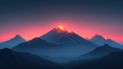 Genius loci, A stunning mountain landscape at sunset, showcasing vibrant colors with a peak illuminated by the setting sun amidst layers of distant mountains.