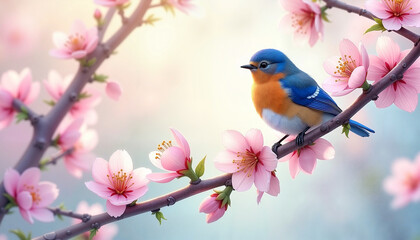 Colorful bluebird perched on a branch surrounded by blooming pink flowers in spring