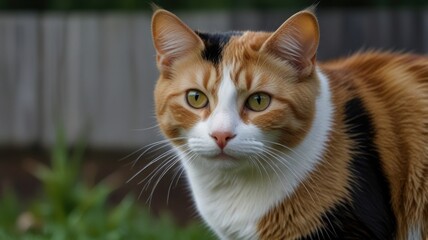 Obraz premium Calico cat with orange, black, and white fur, outdoors, looking intently.