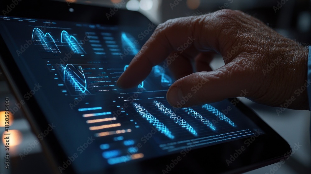 Poster close-up of a hand interacting with a tablet displaying data visualizations.