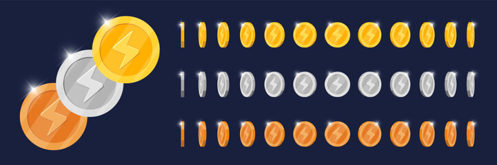 Gold, silver, bronze coin animation spinning in varied directions for video game visual. Metallic token with lightning bolt speed symbol rotating smoothly. Moving metal monetary achievement 3D icon