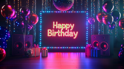 Neon birthday celebration with balloons, gifts, and speakers