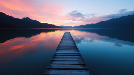 Genius loci, A tranquil scene featuring a wooden dock extending into a calm lake, surrounded by mountains at sunset, reflecting vibrant colors on the water's surface.