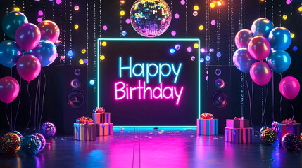Colorful birthday celebration scene with neon sign and balloons