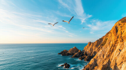 Genius loci, A picturesque coastal scene showcasing birds soaring above rocky cliffs against a vibrant sky by the ocean.