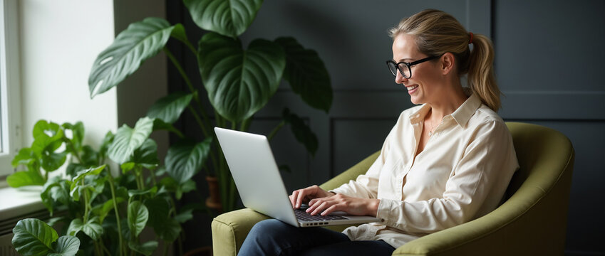 A woman seated in a comfortable chair working on a laptop. Surrounded by lush green indoor plants, she seems focused yet relaxed in her home office.

