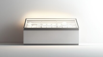 White refrigerated display case with illuminated interior, showcasing product placeholders.