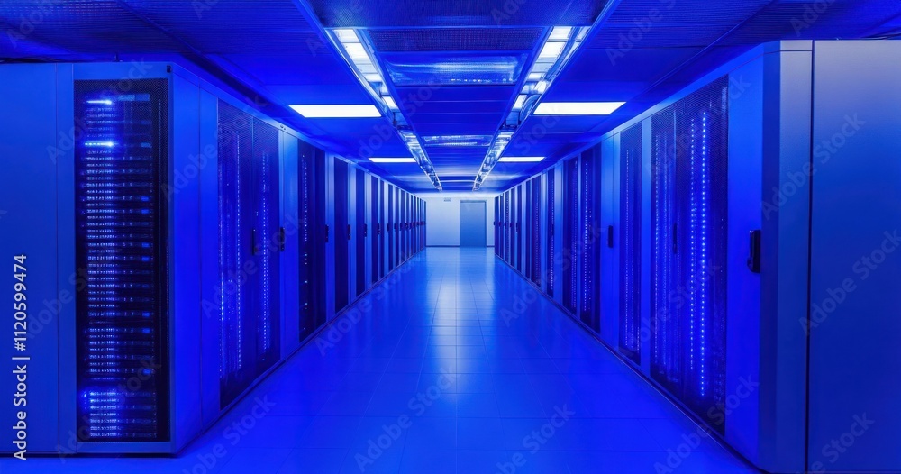 Poster blue-lit server room corridor with rows of data center racks.