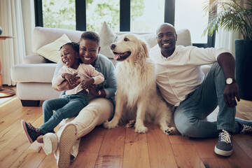 Portrait, home and parents laughing with child, mother or dad in living room with love or support....