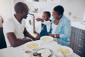Black people, parents and child with food for feeding, eating breakfast and bonding together as family. Home, father and mother with girl for cereal, nutrition and wellness in morning for development